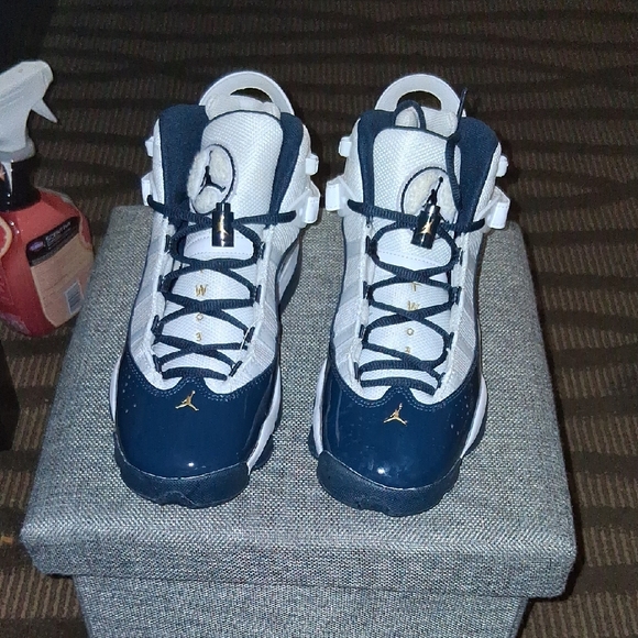 Navy Blue and White High-Top Sneakers with Glossy Finish - Picture 1 of 1